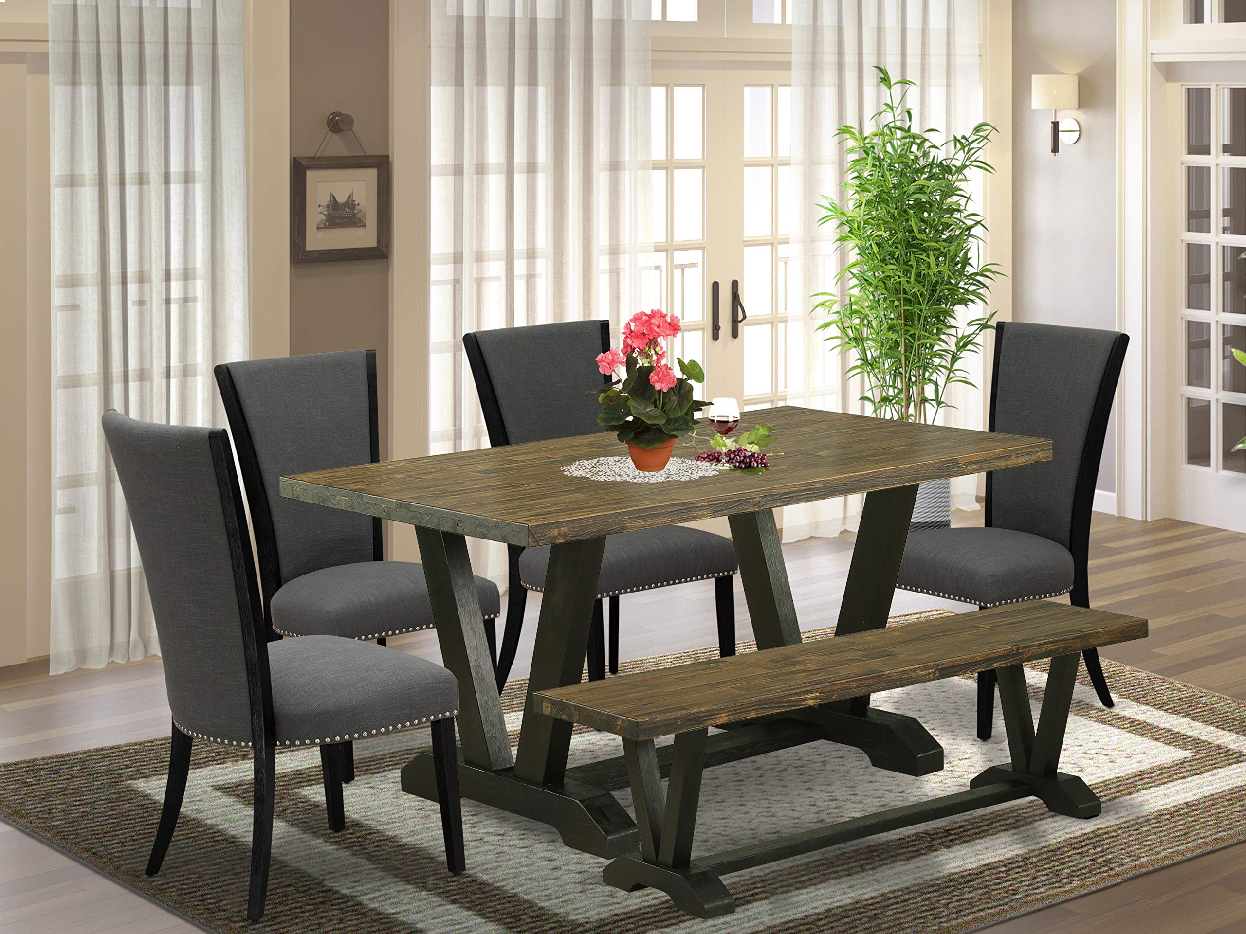 East West Furniture V676VE650-6 6 Piece Kitchen Set Contains a Rectangle Dining Table with V-Legs and 4 Dark Gotham Linen Fabric Parson Chairs with a Bench, 36x60 Inch